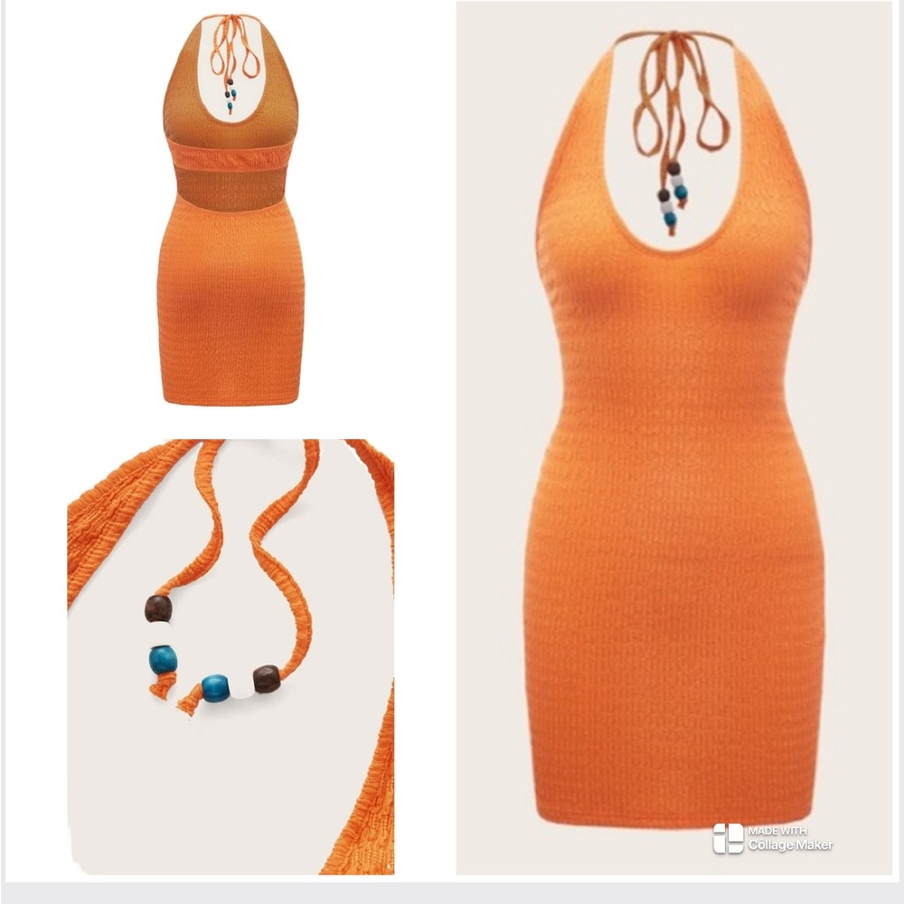 Orange Boho Backless Beaded Halter Dress NWT